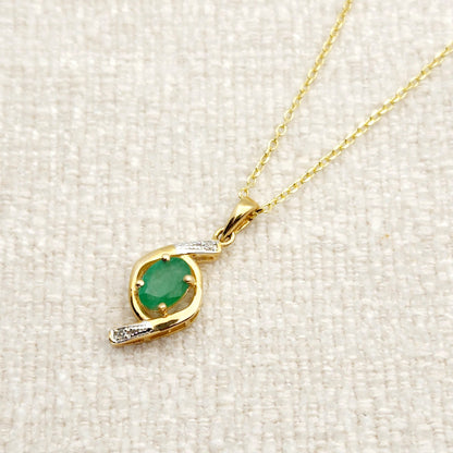 Gold Emerald Pendant Necklace, 10K Yellow Gold Natural Emerald 7x5mm with Diamond Pendant, May Birthstone, Emerald Jewelry, Necklace For Her
