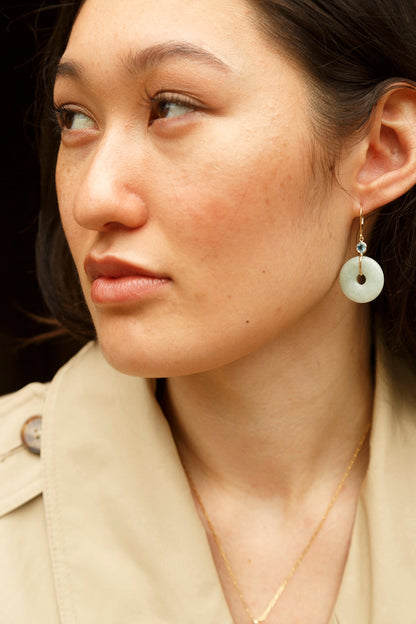 Gold Jade Drop Earrings, 14K Yellow Gold Jade Disc Earrings with Genuine Gemstones, Green Jade Jewelry, Gemstone Earrings