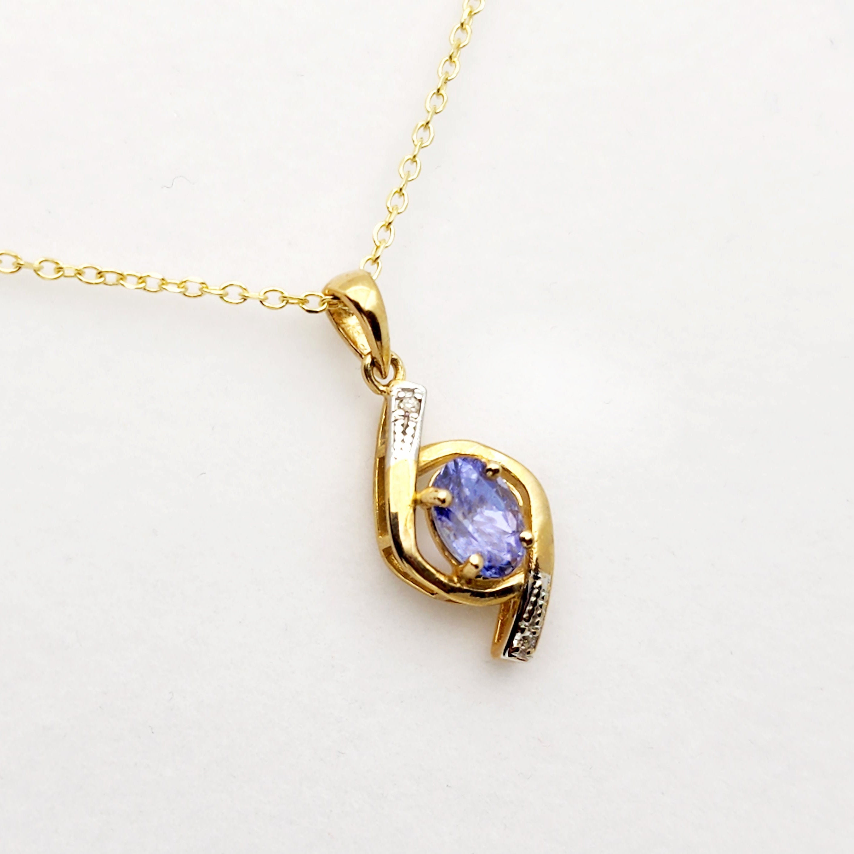 Gold Natural Tanzanite Pendant Necklace, 10K Yellow Gold Natural Tanzanite 7x5mm with Diamond Pendant, December Birthstone, Necklace For Her