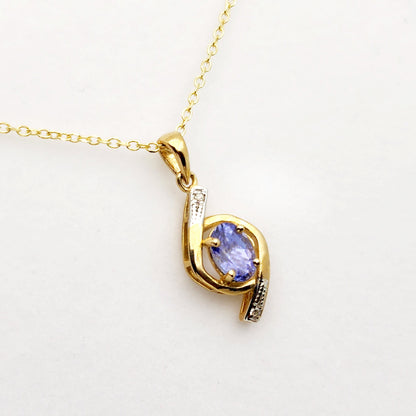 Gold Natural Tanzanite Pendant Necklace, 10K Yellow Gold Natural Tanzanite 7x5mm with Diamond Pendant, December Birthstone, Necklace For Her