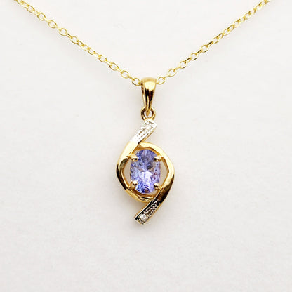 Gold Natural Tanzanite Pendant Necklace, 10K Yellow Gold Natural Tanzanite 7x5mm with Diamond Pendant, December Birthstone, Necklace For Her