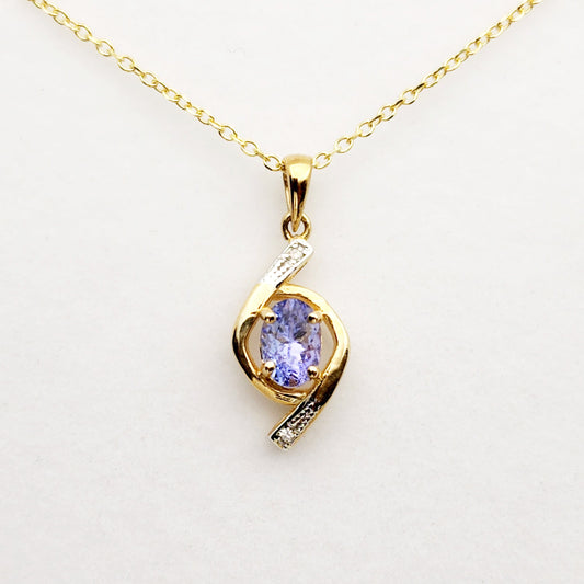 Gold Natural Tanzanite Pendant Necklace, 10K Yellow Gold Natural Tanzanite 7x5mm with Diamond Pendant, December Birthstone, Necklace For Her