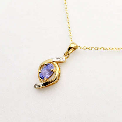 Gold Natural Tanzanite Pendant Necklace, 10K Yellow Gold Natural Tanzanite 7x5mm with Diamond Pendant, December Birthstone, Necklace For Her