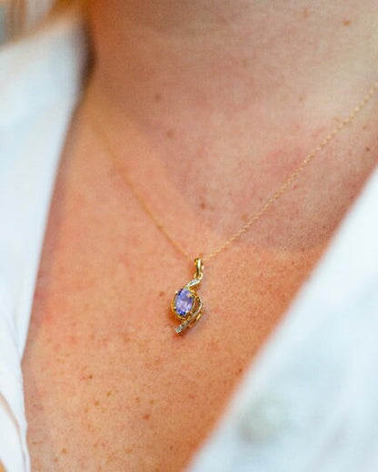 Gold Natural Tanzanite Pendant Necklace, 10K Yellow Gold Natural Tanzanite 7x5mm with Diamond Pendant, December Birthstone, Necklace For Her
