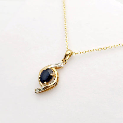 Gold Sapphire Pendant Necklace, 10K Yellow Gold Natural Blue Sapphire 7x5mm with Diamond Pendant, September Birthstone, Necklace For Her