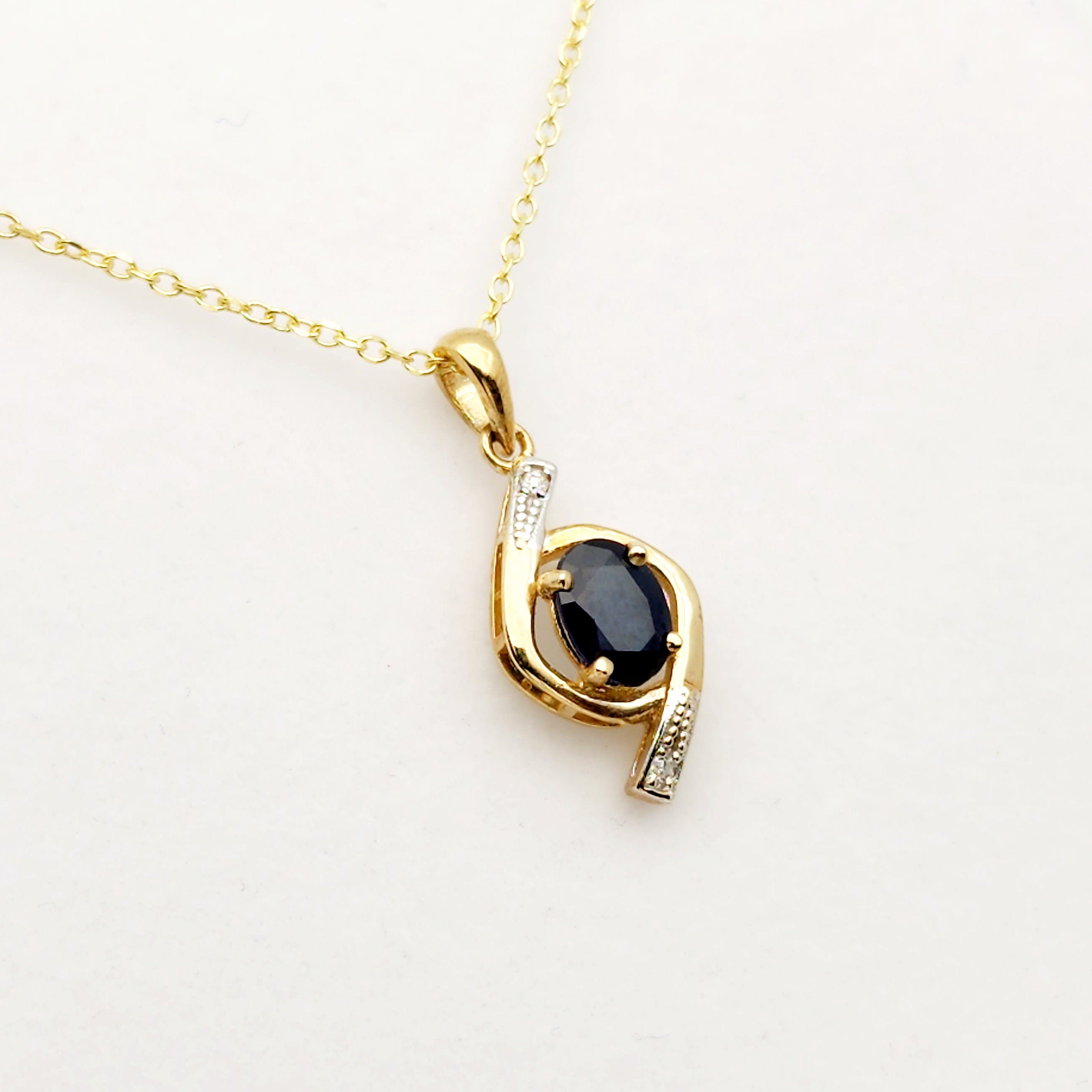 Gold Sapphire Pendant Necklace, 10K Yellow Gold Natural Blue Sapphire 7x5mm with Diamond Pendant, September Birthstone, Necklace For Her