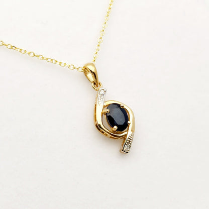 Gold Sapphire Pendant Necklace, 10K Yellow Gold Natural Blue Sapphire 7x5mm with Diamond Pendant, September Birthstone, Necklace For Her