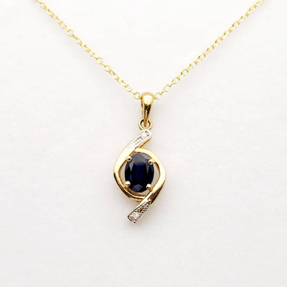 Gold Sapphire Pendant Necklace, 10K Yellow Gold Natural Blue Sapphire 7x5mm with Diamond Pendant, September Birthstone, Necklace For Her