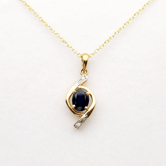 Gold Sapphire Pendant Necklace, 10K Yellow Gold Natural Blue Sapphire 7x5mm with Diamond Pendant, September Birthstone, Necklace For Her