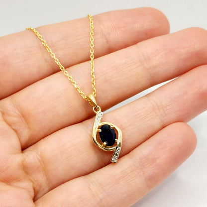 Gold Sapphire Pendant Necklace, 10K Yellow Gold Natural Blue Sapphire 7x5mm with Diamond Pendant, September Birthstone, Necklace For Her