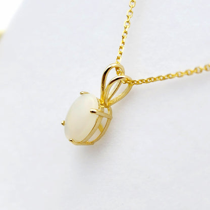 Gold Genuine Opal Pendant Necklace, Handmade 10K Yellow Gold Fire Opal 8x6mm Pendant for Women, Dainty Gold Necklace, October Birthstone
