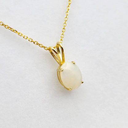 Gold Genuine Opal Pendant Necklace, Handmade 10K Yellow Gold Fire Opal 8x6mm Pendant for Women, Dainty Gold Necklace, October Birthstone