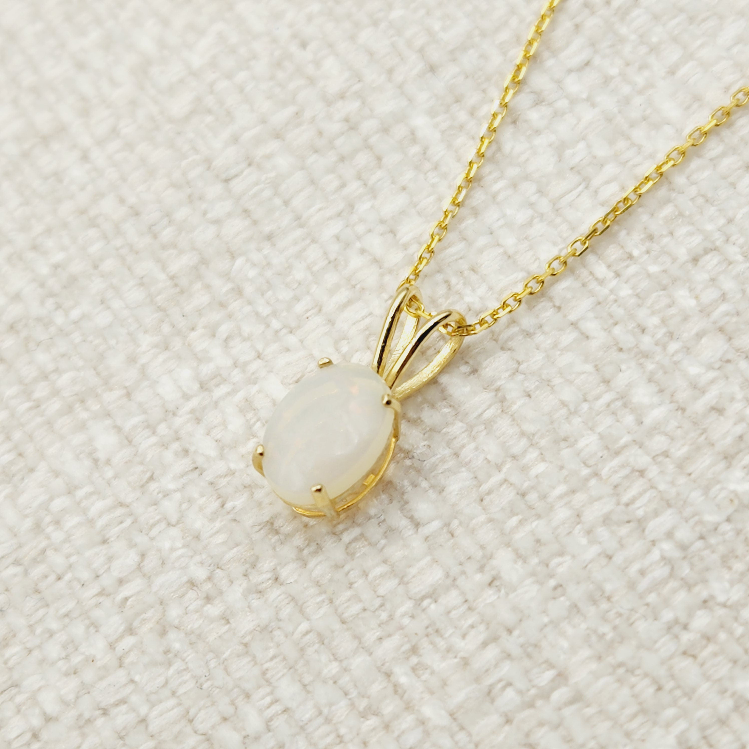 Gold Genuine Opal Pendant Necklace, Handmade 10K Yellow Gold Fire Opal 8x6mm Pendant for Women, Dainty Gold Necklace, October Birthstone