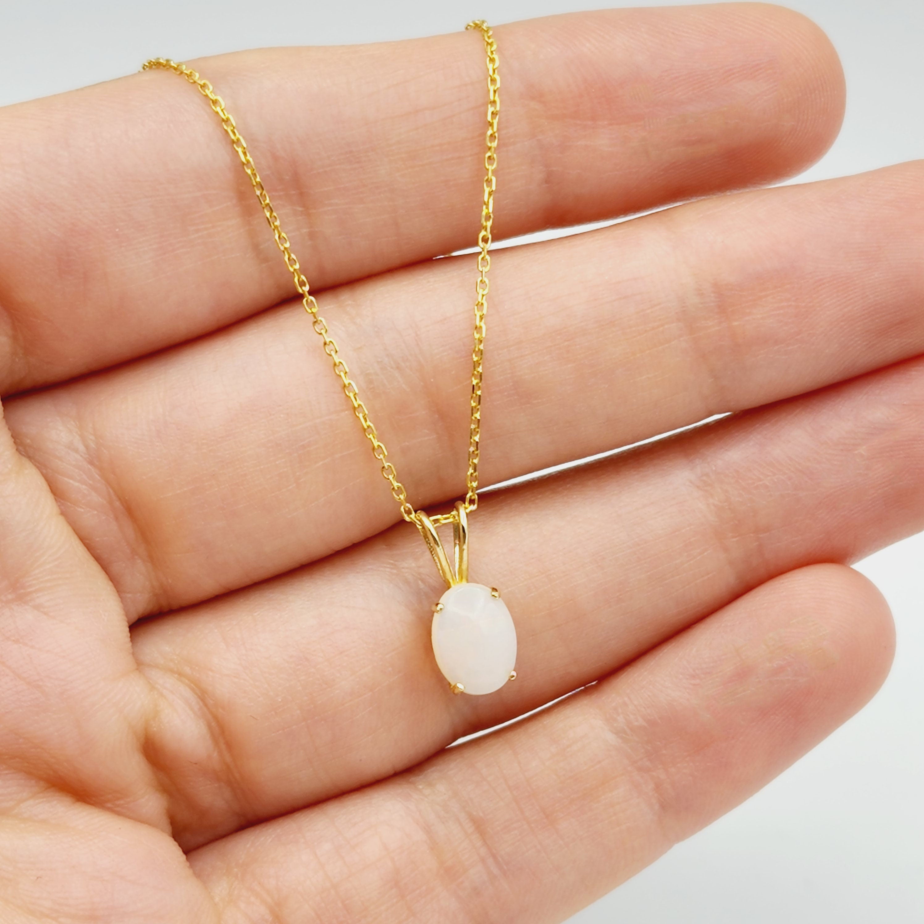 Gold Genuine Opal Pendant Necklace, Handmade 10K Yellow Gold Fire Opal 8x6mm Pendant for Women, Dainty Gold Necklace, October Birthstone