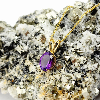 Gold Amethyst Pendant Necklace, 10K Yellow Gold Genuine Amethyst 8x6mm Pendant, February Birthstone, Birthstone Necklace, Necklace For Her