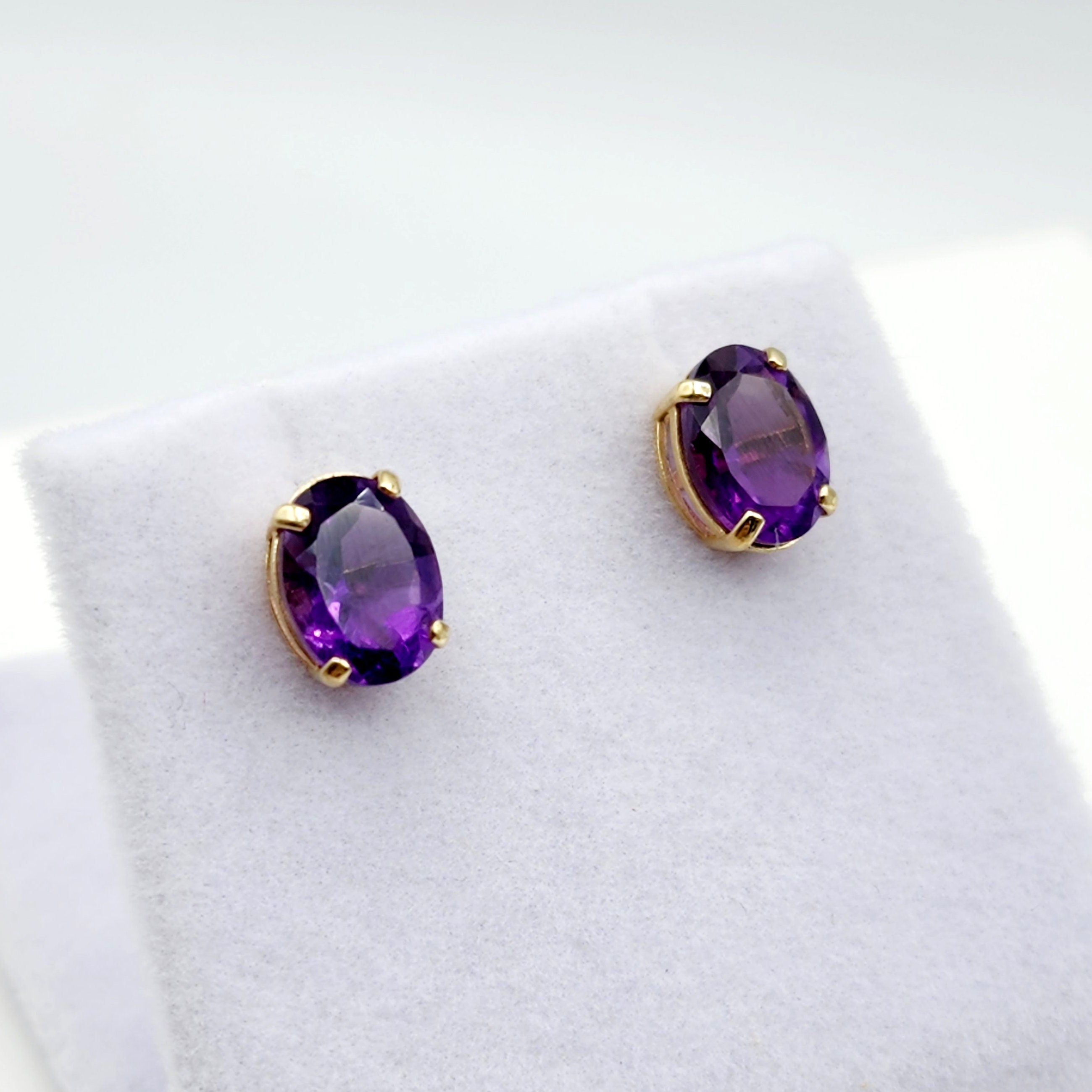 Gold Amethyst Stud Earrings, 10K Yellow Gold Genuine Amethyst 8x6mm Earrings, February Birthstone, Purple Jewelry, Dainty Earrings For Women