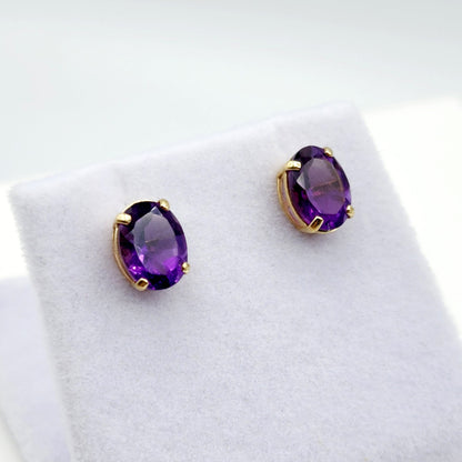 Gold Amethyst Stud Earrings, 10K Yellow Gold Genuine Amethyst 8x6mm Earrings, February Birthstone, Purple Jewelry, Dainty Earrings For Women