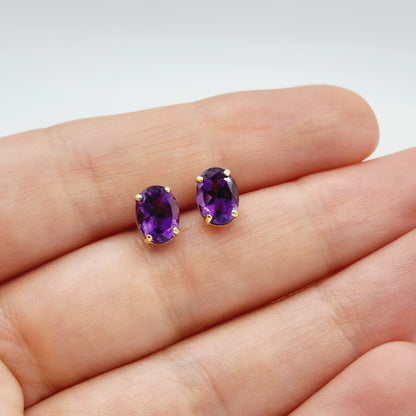 Gold Amethyst Stud Earrings, 10K Yellow Gold Genuine Amethyst 8x6mm Earrings, February Birthstone, Purple Jewelry, Dainty Earrings For Women