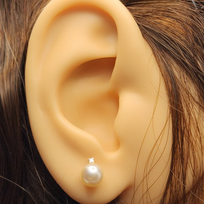 Gold Pearl Stud Earrings, 14K Yellow Gold Cultured Pearl 6mm with Diamond Earrings, June Birthstone, Handmade Earrings, Earrings  For Wedding