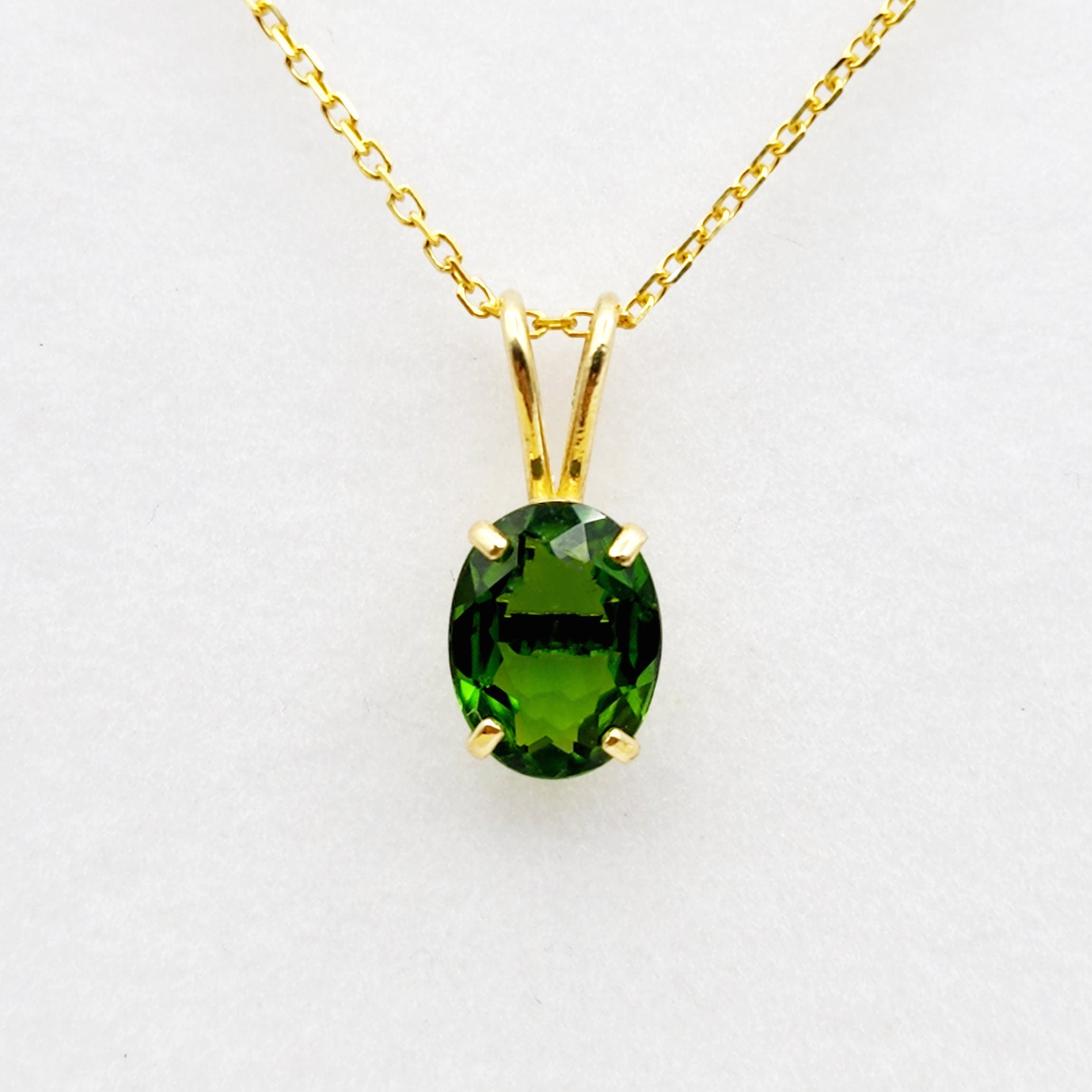 Gold Green Chrome Diopside Pendant Necklace, 10K Yellow Gold Chrome Diopside 8x6mm Pendant, Green Gemstone Necklace For Women, Gift For Her