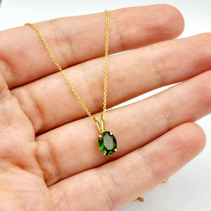 Gold Green Chrome Diopside Pendant Necklace, 10K Yellow Gold Chrome Diopside 8x6mm Pendant, Green Gemstone Necklace For Women, Gift For Her