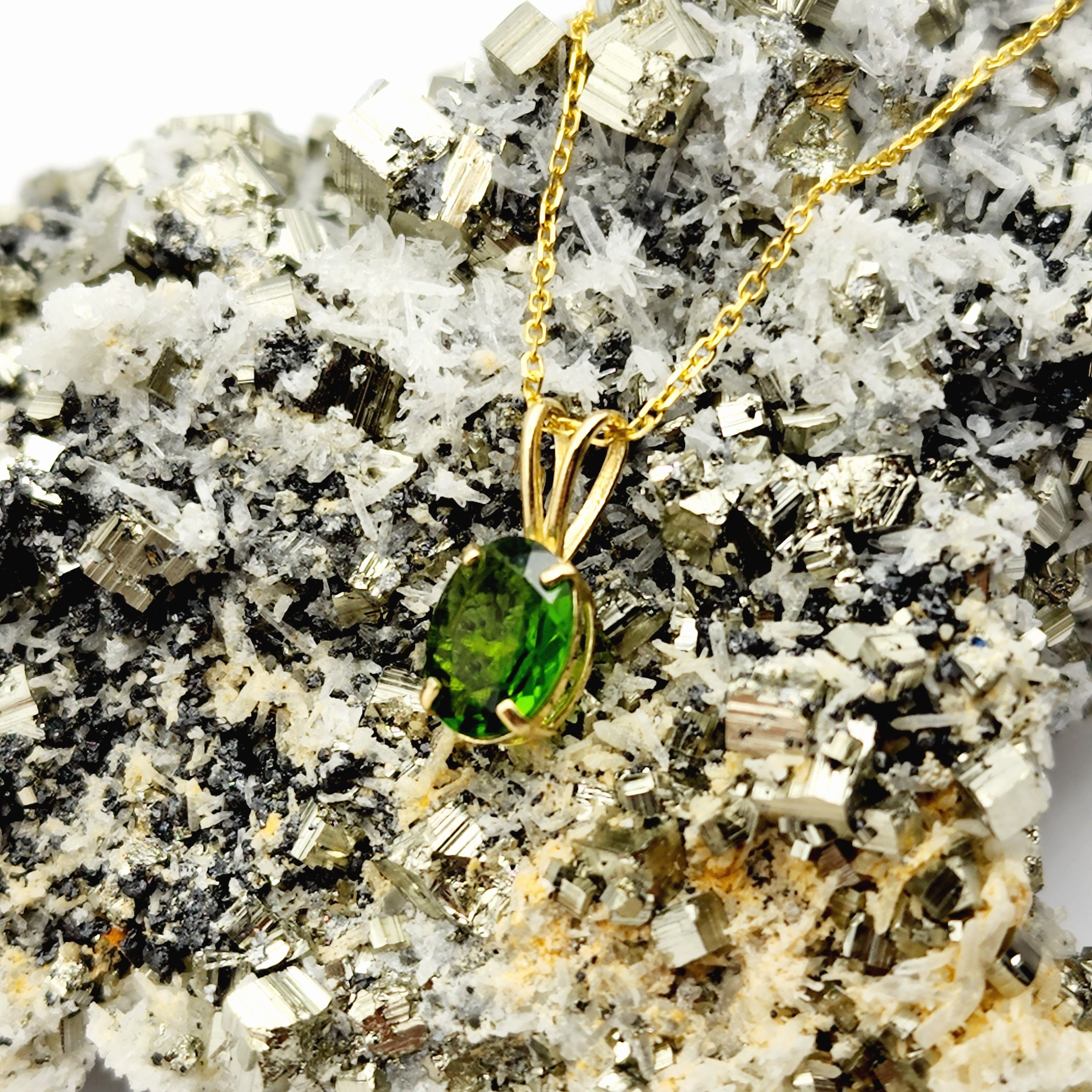 Gold Green Chrome Diopside Pendant Necklace, 10K Yellow Gold Chrome Diopside 8x6mm Pendant, Green Gemstone Necklace For Women, Gift For Her