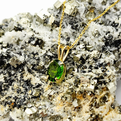 Gold Green Chrome Diopside Pendant Necklace, 10K Yellow Gold Chrome Diopside 8x6mm Pendant, Green Gemstone Necklace For Women, Gift For Her