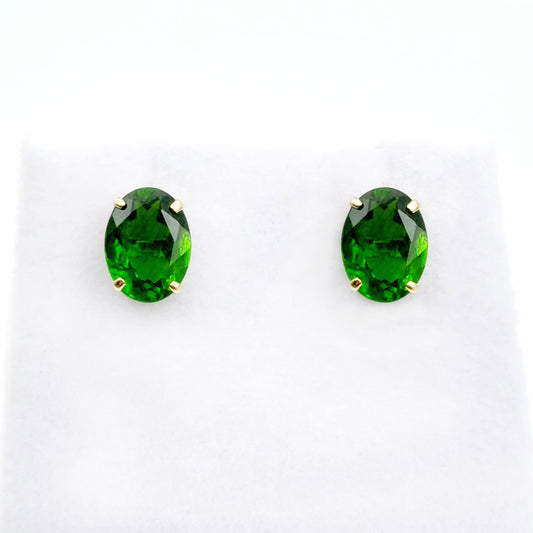 Gold Chrome Diopside Stud Earrings, 10K Yellow Gold Genuine Green Chrome Diopside 8x6mm Earrings, Gemstone Jewelry,  Earrings For Women