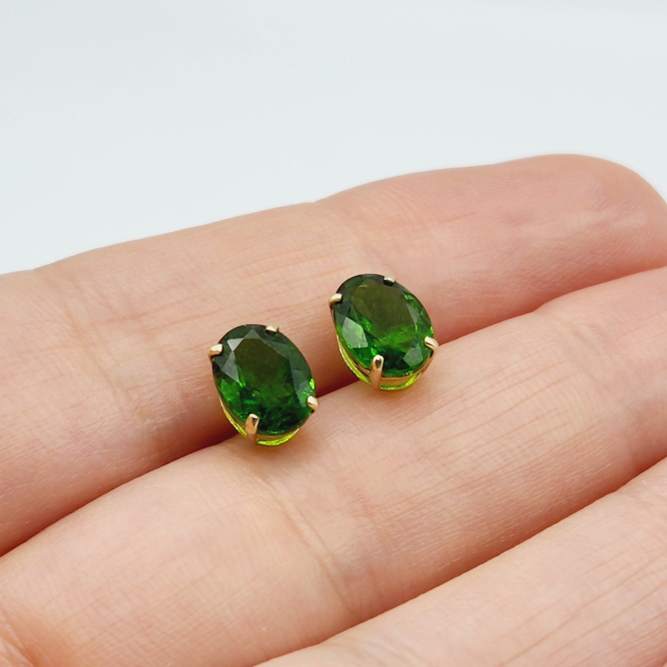Gold Chrome Diopside Stud Earrings, 10K Yellow Gold Genuine Green Chrome Diopside 8x6mm Earrings, Gemstone Jewelry,  Earrings For Women