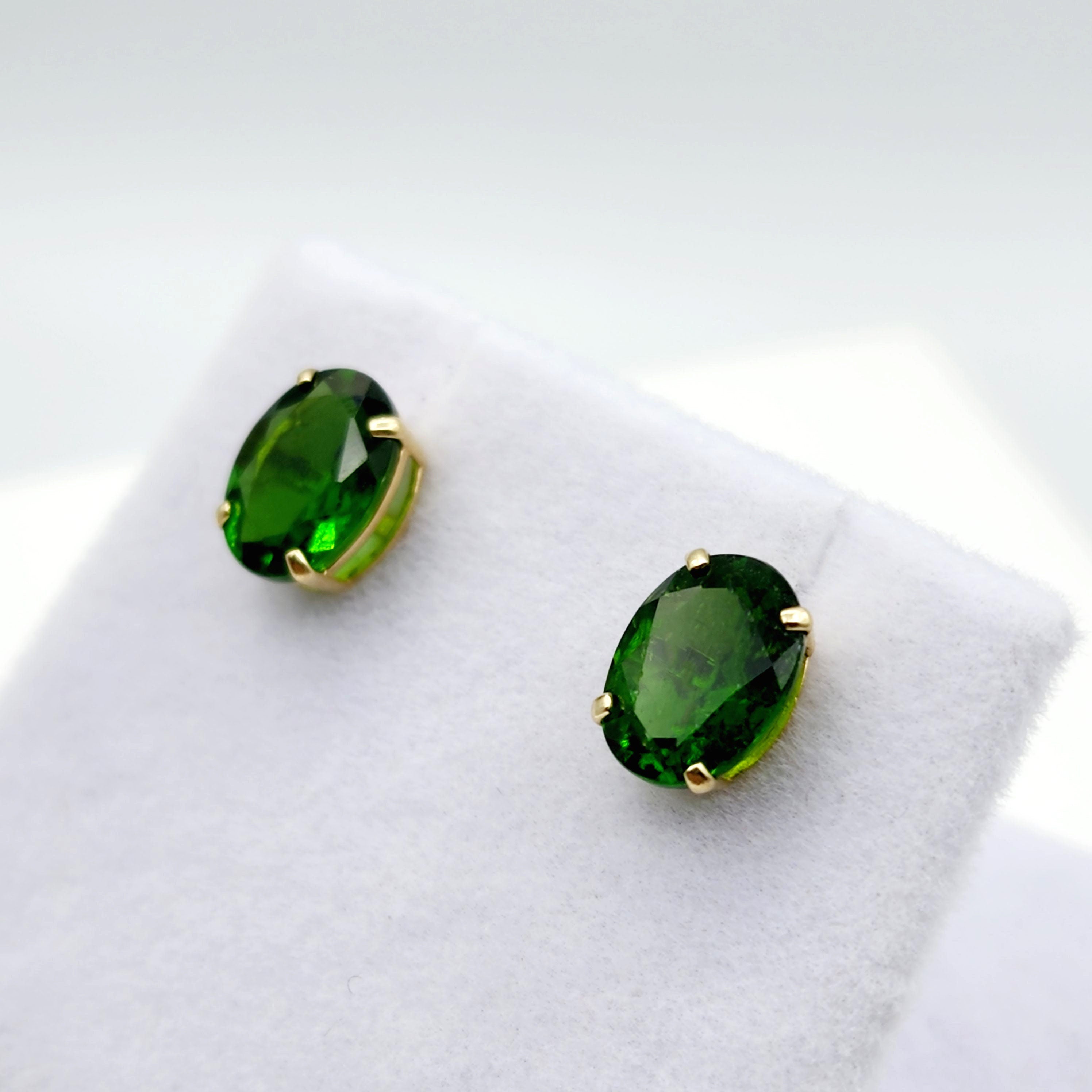 Gold Chrome Diopside Stud Earrings, 10K Yellow Gold Genuine Green Chrome Diopside 8x6mm Earrings, Gemstone Jewelry,  Earrings For Women
