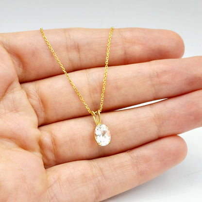 Gold White Topaz Pendant Necklace, 10K Yellow Gold White Topaz 8x6mm Pendant, Necklace For Her, Gift For Women, Gemstone Necklace