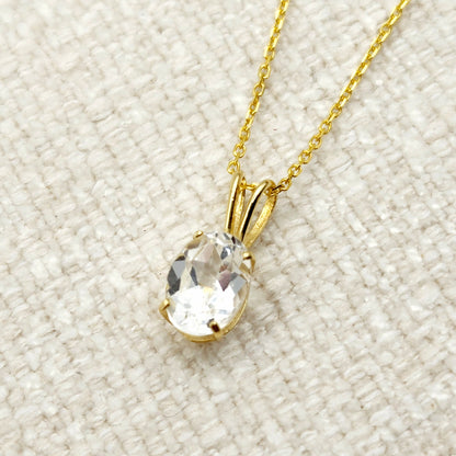 Gold White Topaz Pendant Necklace, 10K Yellow Gold White Topaz 8x6mm Pendant, Necklace For Her, Gift For Women, Gemstone Necklace