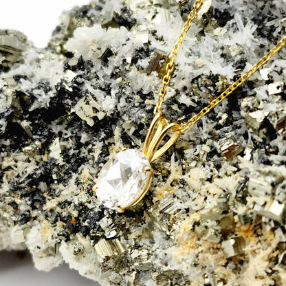 Gold White Topaz Pendant Necklace, 10K Yellow Gold White Topaz 8x6mm Pendant, Necklace For Her, Gift For Women, Gemstone Necklace