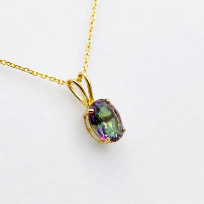 Gold Mystic Topaz Pendant Necklace, 10K Yellow Gold Mystic Topaz 8x6mm Pendant, Gemstone Necklace For Women, Pendant For Her