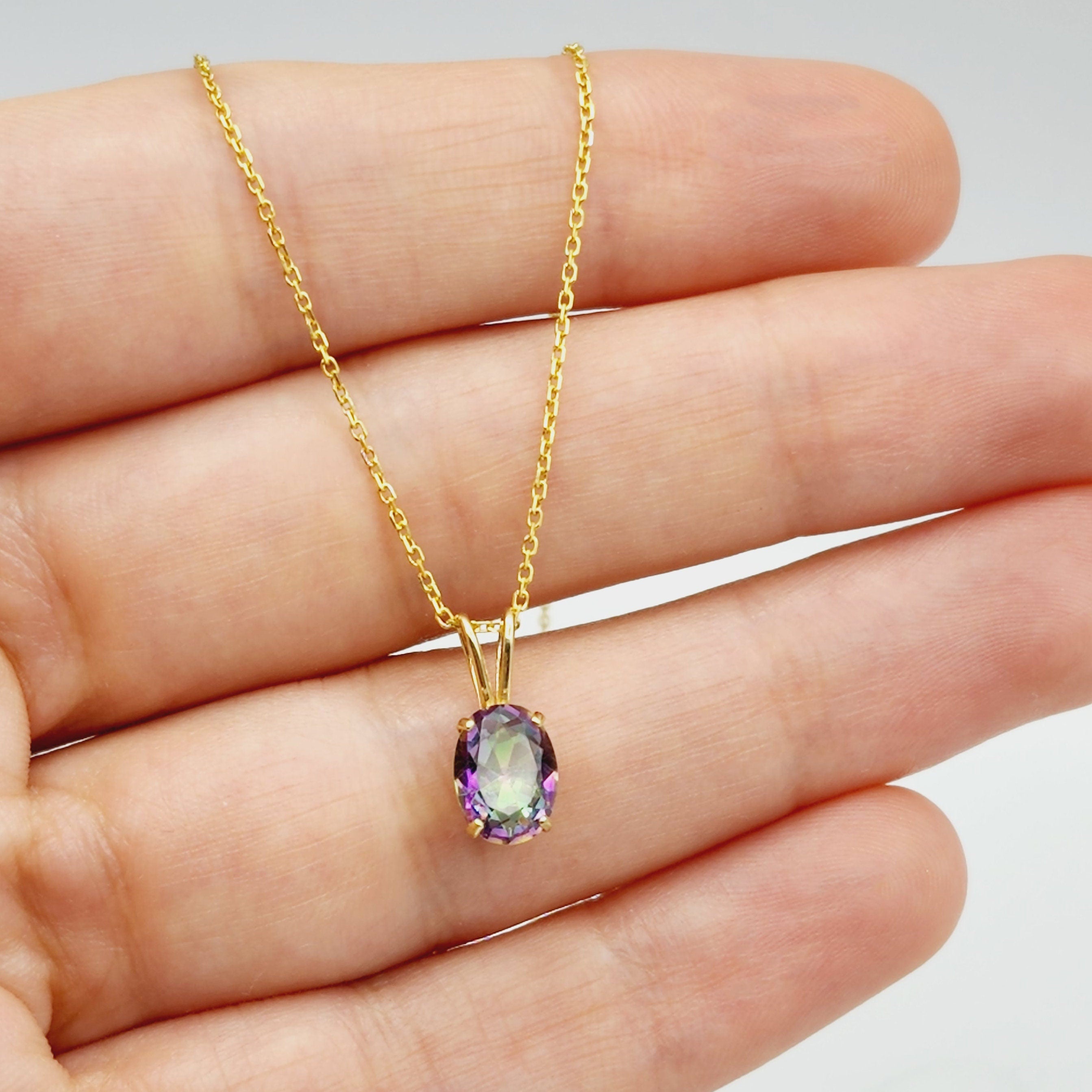 Gold Mystic Topaz Pendant Necklace, 10K Yellow Gold Mystic Topaz 8x6mm Pendant, Gemstone Necklace For Women, Pendant For Her