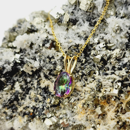 Gold Mystic Topaz Pendant Necklace, 10K Yellow Gold Mystic Topaz 8x6mm Pendant, Gemstone Necklace For Women, Pendant For Her