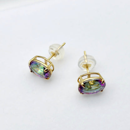 Gold Mystic Topaz Stud Earrings, 10K Yellow Gold Genuine Mystic Topaz 8x6mm Earrings, Gemstone Jewelry,  Earrings For Women