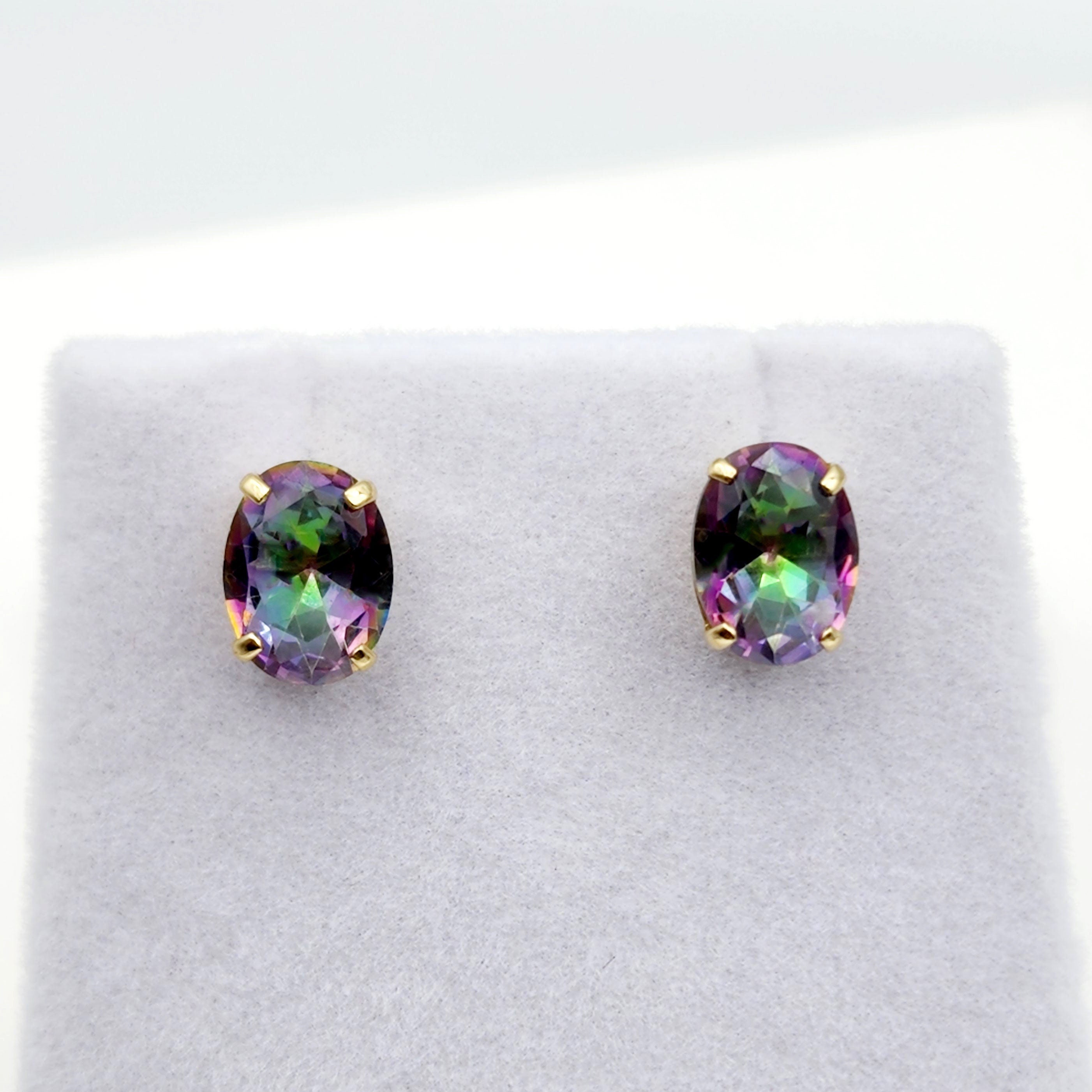 Gold Mystic Topaz Stud Earrings, 10K Yellow Gold Genuine Mystic Topaz 8x6mm Earrings, Gemstone Jewelry,  Earrings For Women