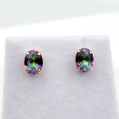 Gold Mystic Topaz Stud Earrings, 10K Yellow Gold Genuine Mystic Topaz 8x6mm Earrings, Gemstone Jewelry,  Earrings For Women