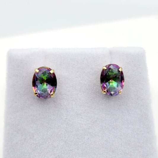 Gold Mystic Topaz Stud Earrings, 10K Yellow Gold Genuine Mystic Topaz 8x6mm Earrings, Gemstone Jewelry,  Earrings For Women