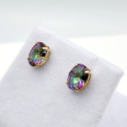 Gold Mystic Topaz Stud Earrings, 10K Yellow Gold Genuine Mystic Topaz 8x6mm Earrings, Gemstone Jewelry,  Earrings For Women