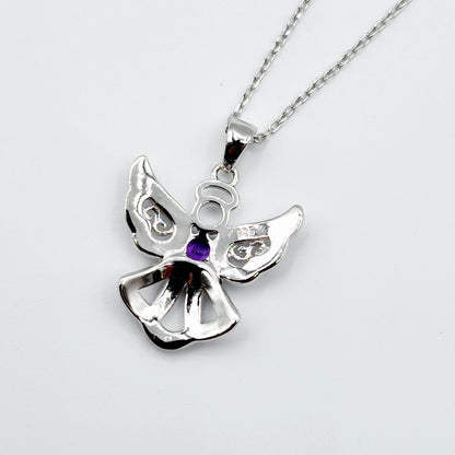 Gemstone Angel Pendant Necklace, Silver Genuine Gemstone Angel Pendant with Chain, Gemstone Necklace, Birthday Gift, Necklace For Women