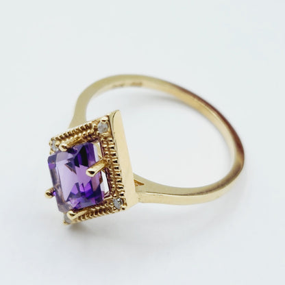Gold Amethyst Ring, 14K Yellow Gold Amethyst 1.5ct with Diamond 0.04ct Ring, February Birthstone Ring, Rings For Women