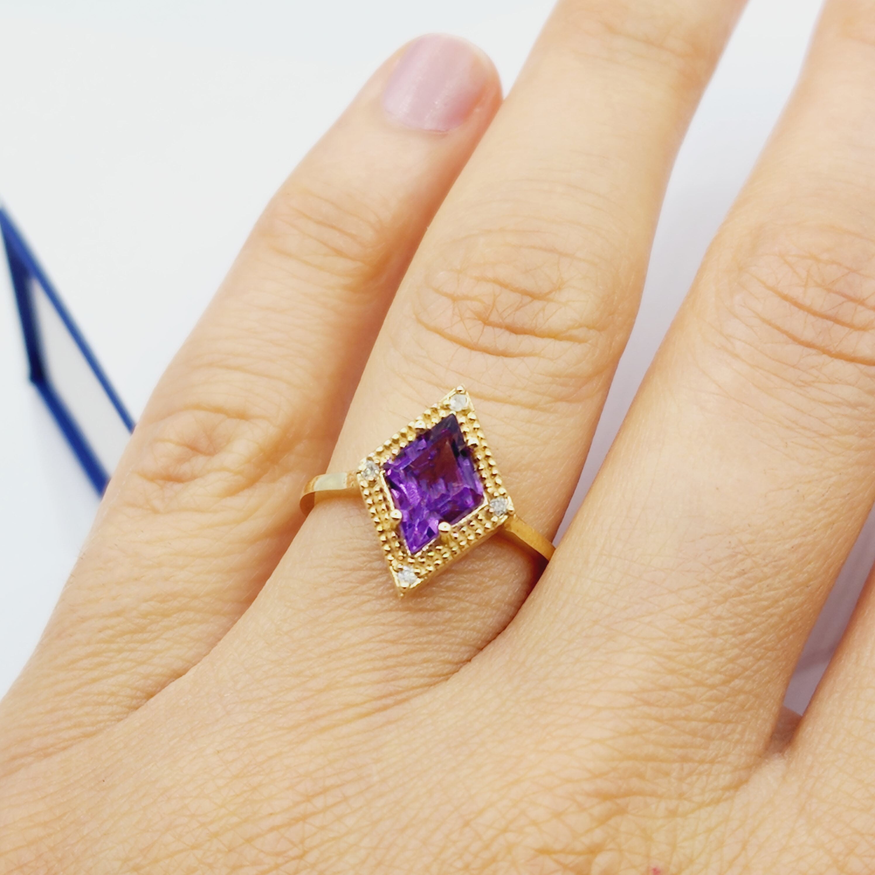 Gold Amethyst Ring, 14K Yellow Gold Amethyst 1.5ct with Diamond 0.04ct Ring, February Birthstone Ring, Rings For Women
