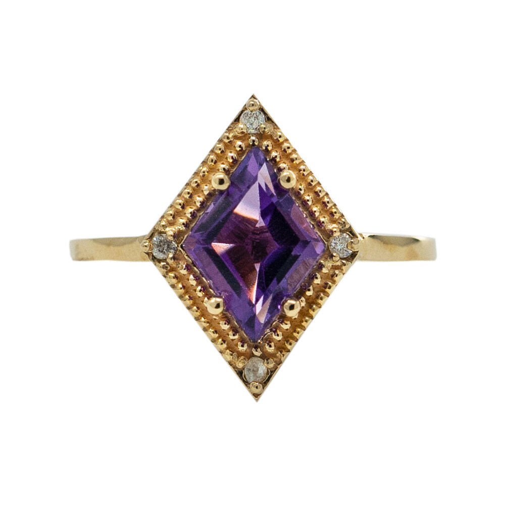 Gold Amethyst Ring, 14K Yellow Gold Amethyst 1.5ct with Diamond 0.04ct Ring, February Birthstone Ring, Rings For Women