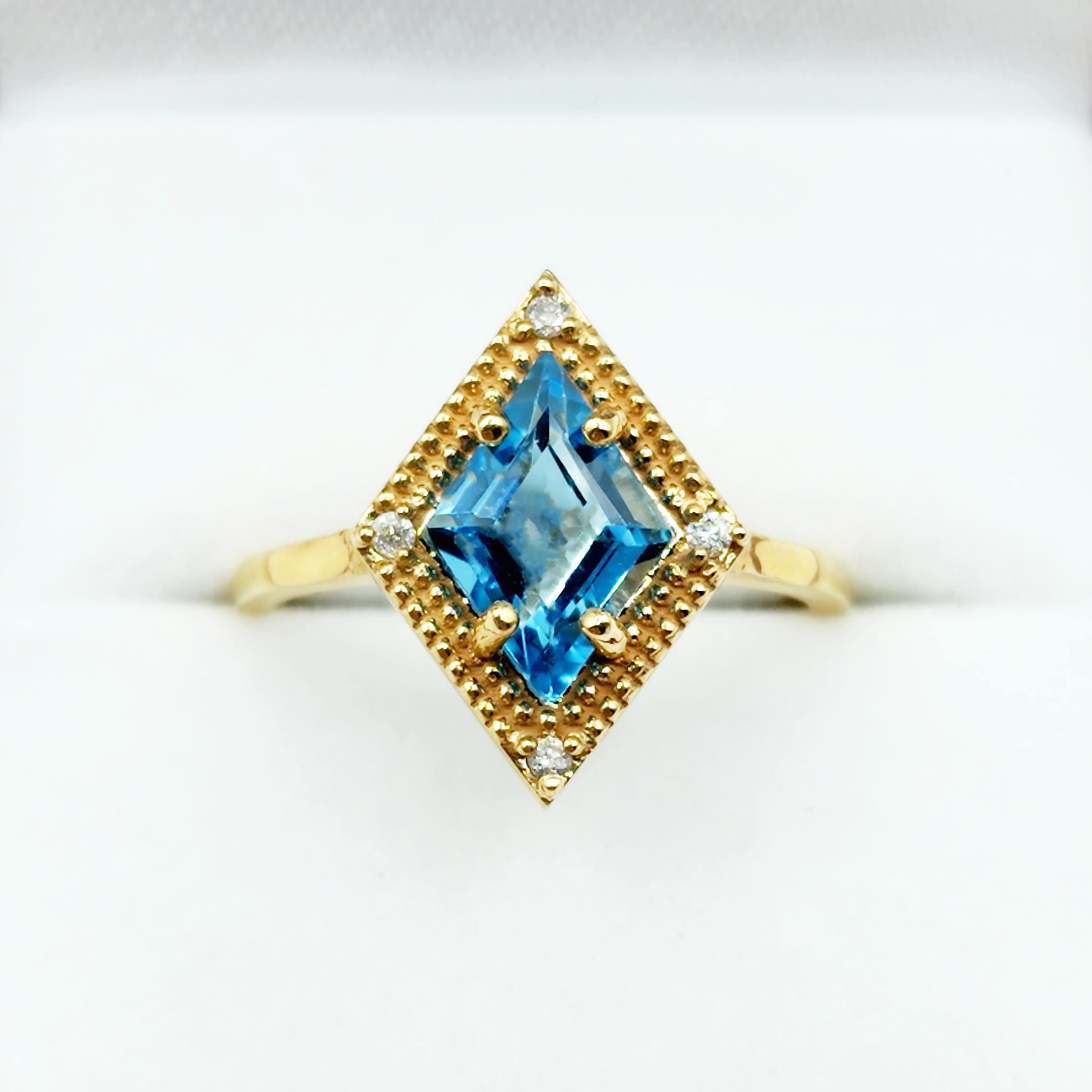 Gold Blue Topaz Ring, 14K Yellow Gold Blue Topaz 1.5ct with Diamond 0.04ct Ring, December Birthstone Ring For Women