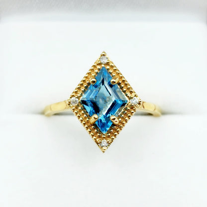 Gold Blue Topaz Ring, 14K Yellow Gold Blue Topaz 1.5ct with Diamond 0.04ct Ring, December Birthstone Ring For Women