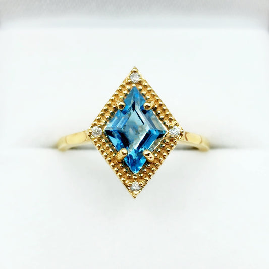 Gold Blue Topaz Ring, 14K Yellow Gold Blue Topaz 1.5ct with Diamond 0.04ct Ring, December Birthstone Ring For Women