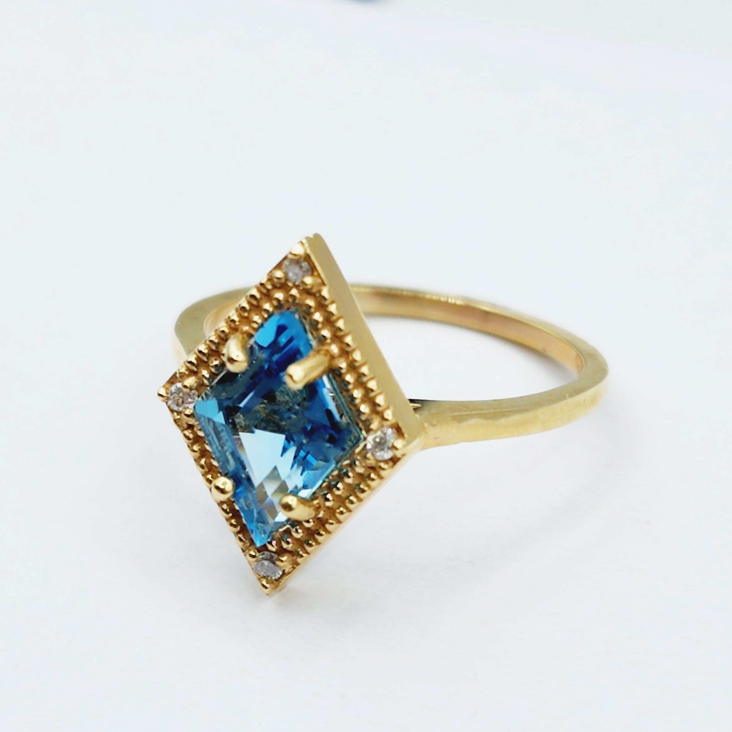 Gold Blue Topaz Ring, 14K Yellow Gold Blue Topaz 1.5ct with Diamond 0.04ct Ring, December Birthstone Ring For Women
