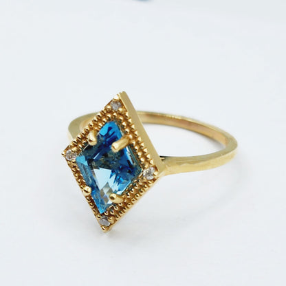 Gold Blue Topaz Ring, 14K Yellow Gold Blue Topaz 1.5ct with Diamond 0.04ct Ring, December Birthstone Ring For Women